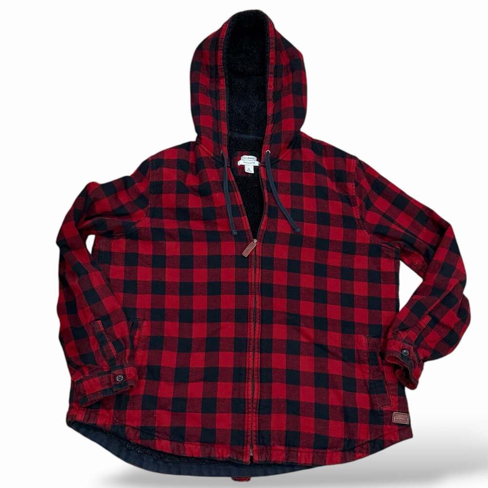 LL Bean Womens XL Buffalo Plaid Jacket Sherpa Lined Relaxed Fit Full Zip Hoodie